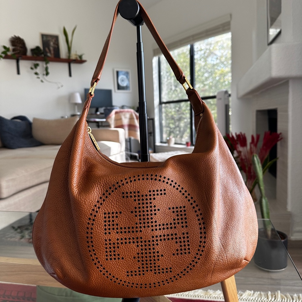 Rare Tory Burch brown pebbled leather shoulder bag with perforated logo